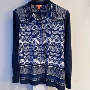 NAVY & WHITE Asian Printed  Blouse  w/Mandarin Collar, small